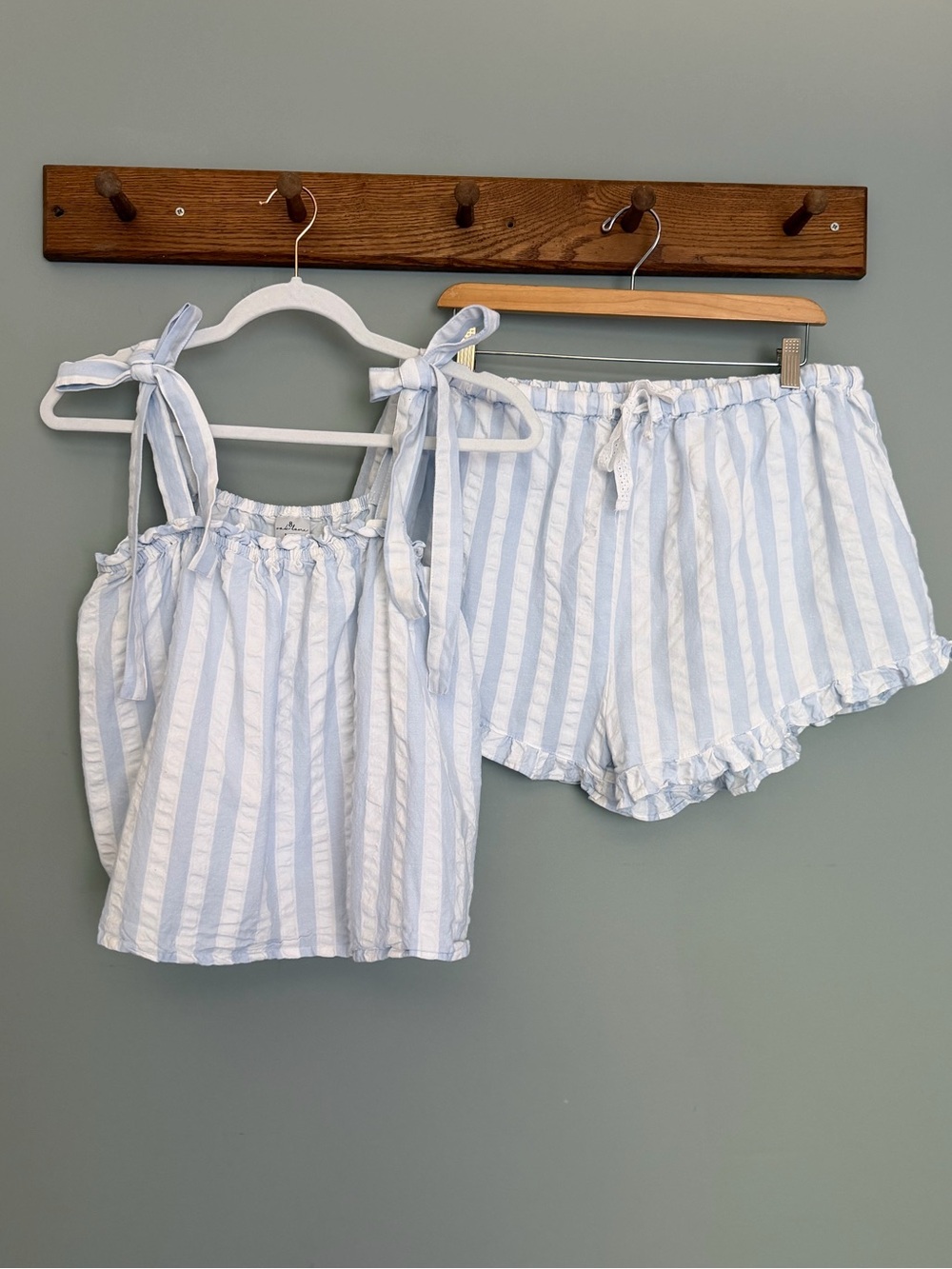 8 Oak Lane 100% Cotton Ruffle Blue White Textured Stripe Tie-Shoulder Set - Picture 3 of 17